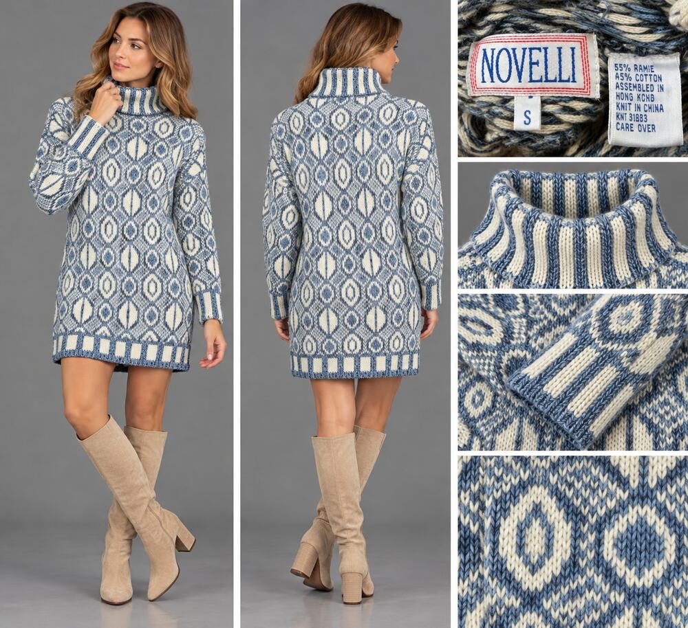 Novelli Womens S Ramie Cotton Sweater Dress Blue Ivory Geometric Turtleneck